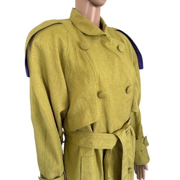 Vintage Olive Yellow Trench Coat Belted Longline Double Breasted Oversized Retro - Picture 3 of 14